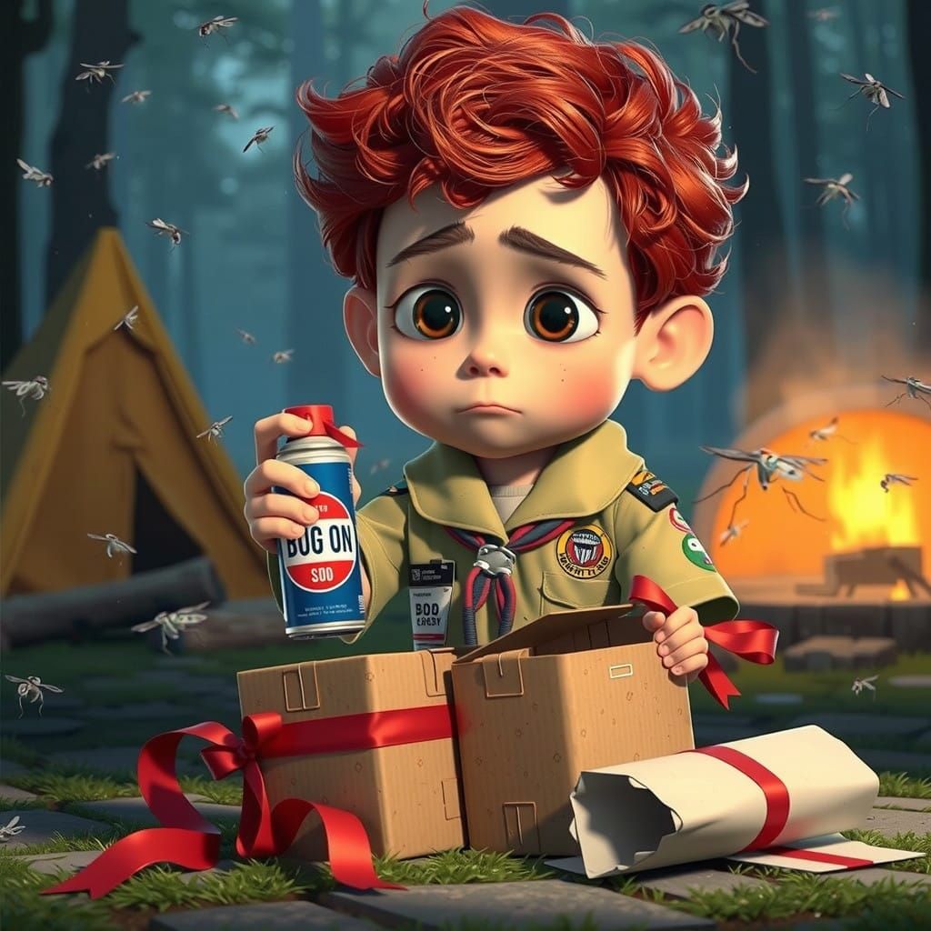 Sad Boy Scout Swarmed by Mosquitoes in Campsite