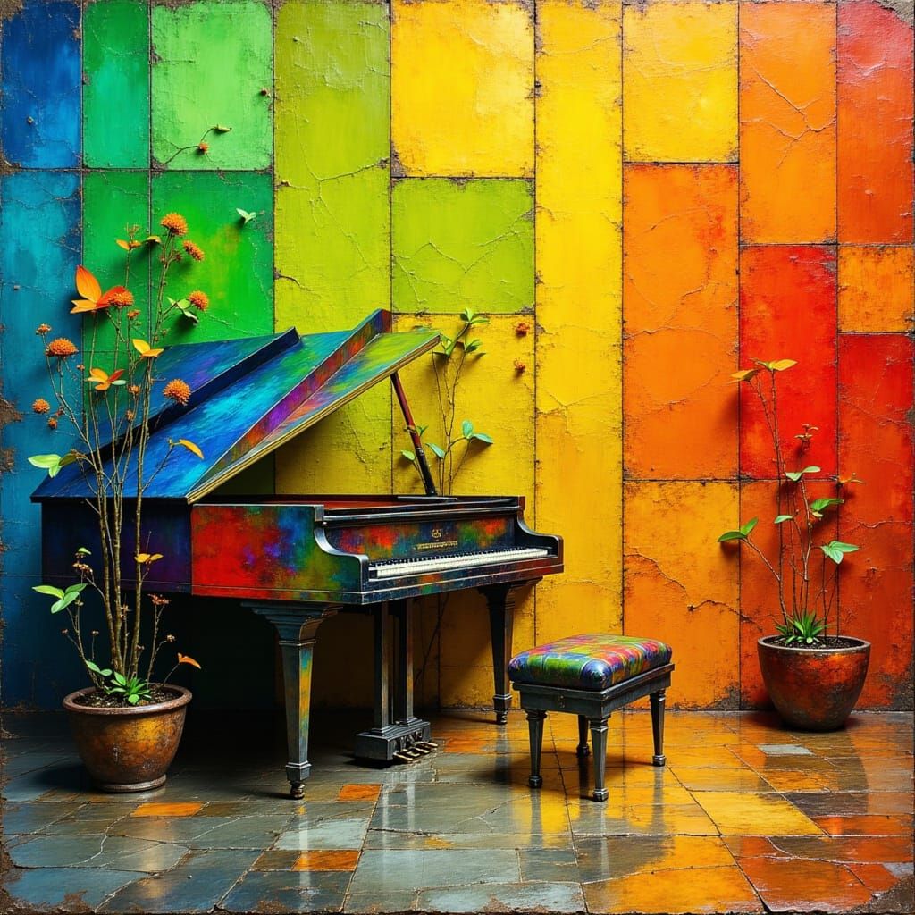 Iridescent Grand Piano with Floating Musical Notes