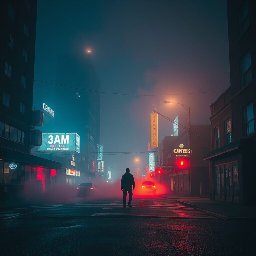 Dystopian Figure in Foggy Neon Cityscape