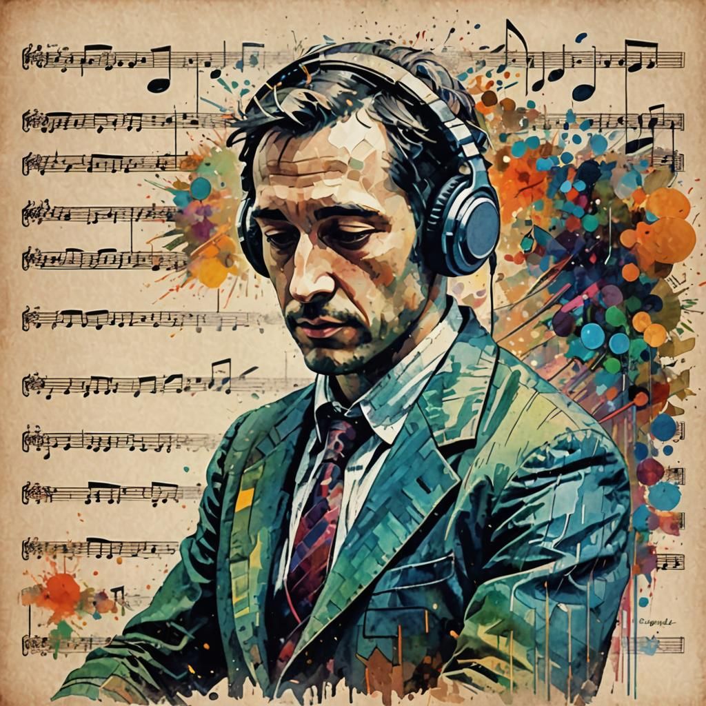 Album cover in vintage style for the famous pianist. 
Melanchlic Mood.  Watercolor