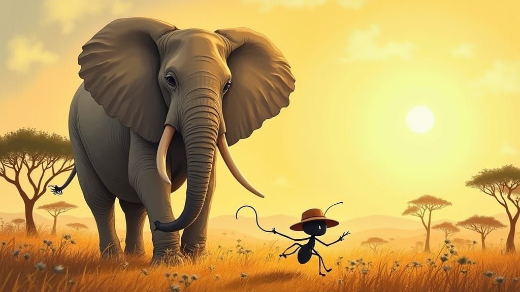Whimsical Ant Chases Gentle Elephant in Vibrant Savannah