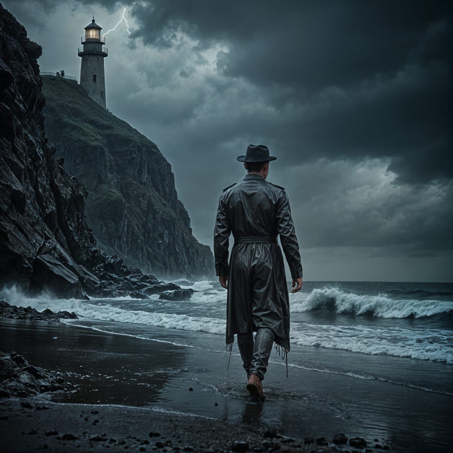 Cinematic Black and White Film Still with Lone Figure on Des...