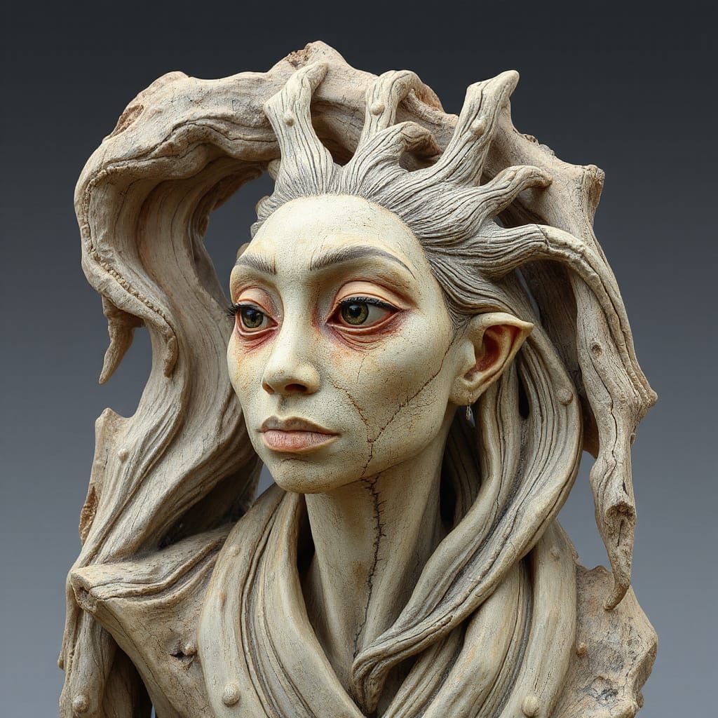 Weathered Driftwood Dryad Portrait Sculpture