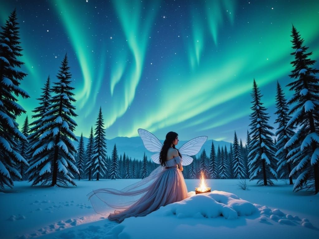 Winter Fairy in Lapland Under Northern Lights