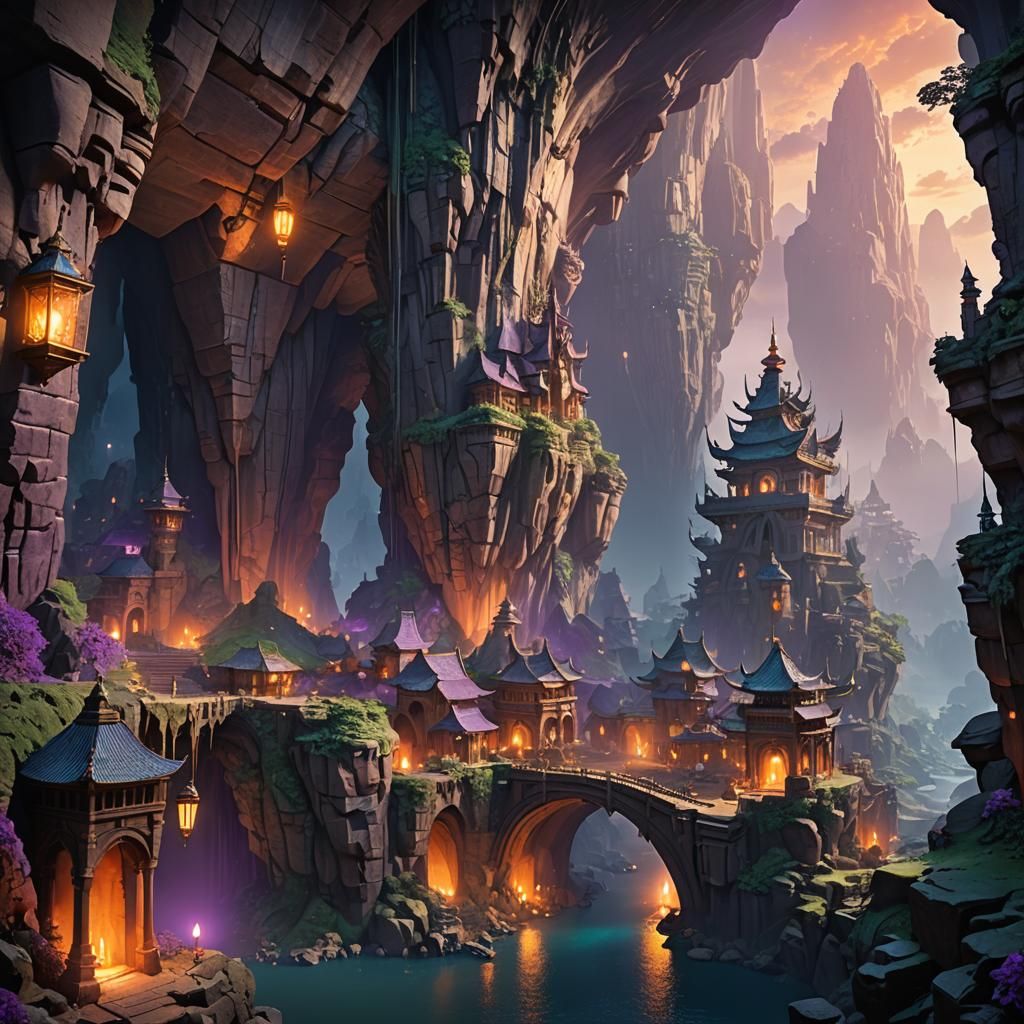 Epic Fantasy Cityscape in a Giant Cavern