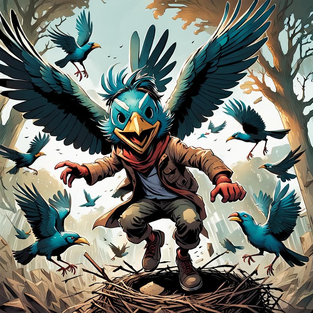 Whimsical Boy's Avian Rescue in Vibrant Comic Book Art Style