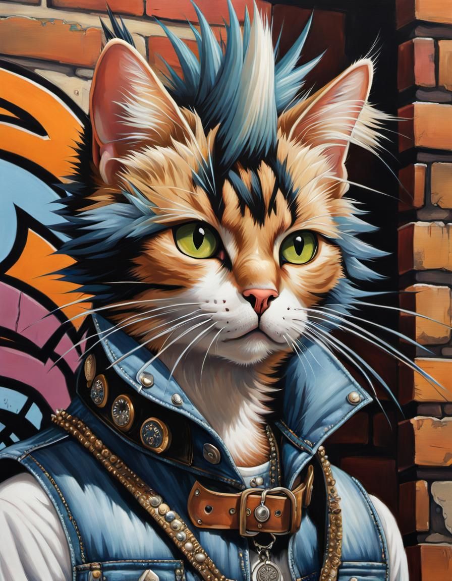 Sultry Punk Cat Adorned in Mohawk and Denim Glare