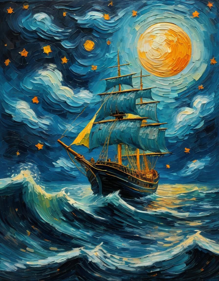 Vibrant Nighttime Ship at Sea in Post-Impressionist Style