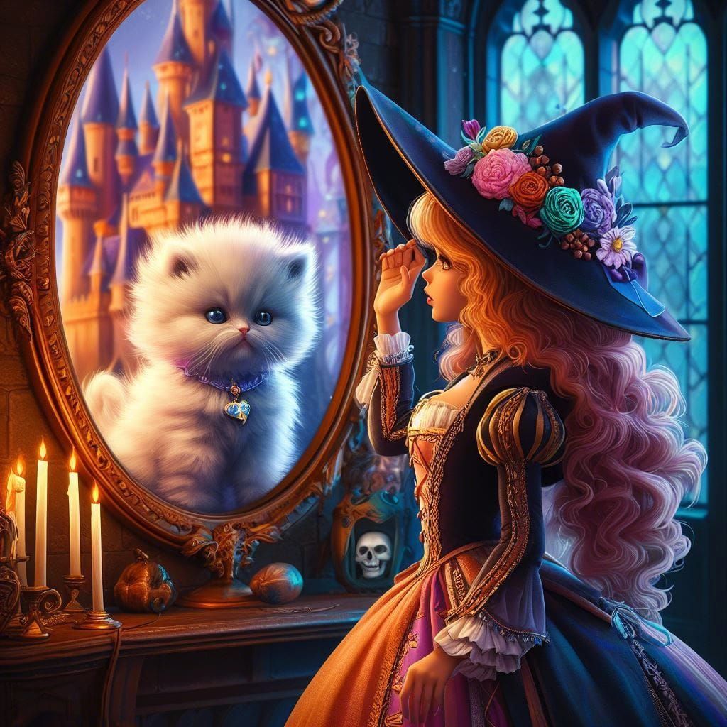 Whimsical Chibi Witch Enchants with Adorable Fluffy Kitten