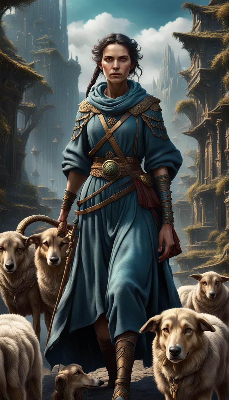 Ethereal Shepherd Maiden in Fantastical Landscape