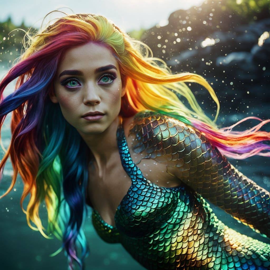 Mermaid with Rainbow Hair in Cinematic Style