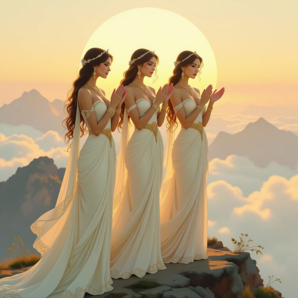 Goddesses on Misty Peak in Art Nouveau Style