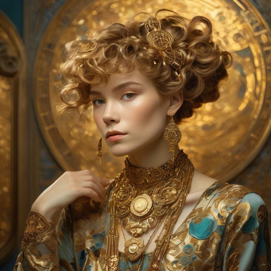 Elegant Oil Painting Portrait of a Woman in Art Nouveau Styl...