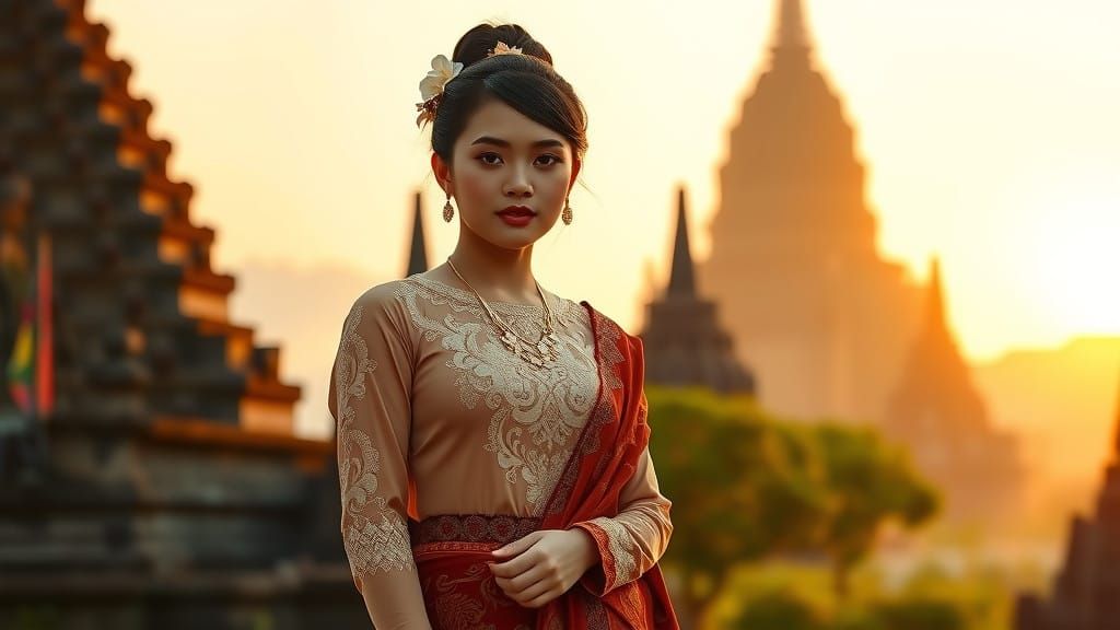 Indonesian Woman in Traditional Attire at Borobudur Temple