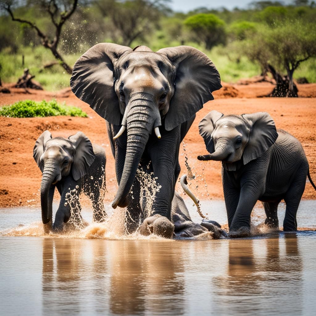Elephant Family Joyful Waterhole Scene