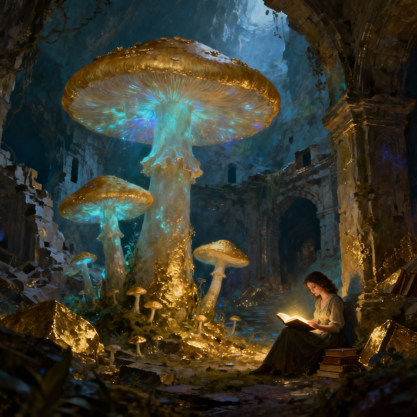A surreal landscape where giant, mushrooms grow in the ruins of an ancient, very lite Gold mine. A single, lady is seen ...