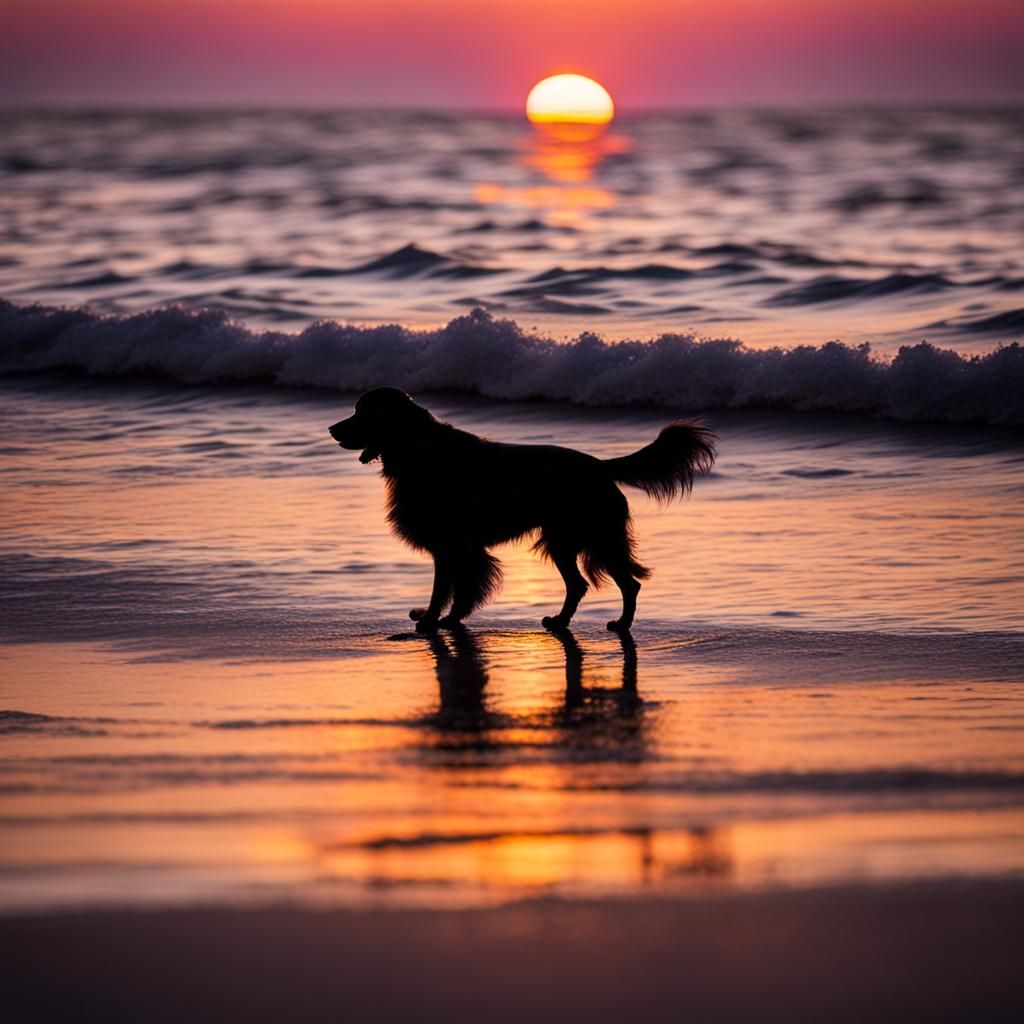 Spaniel Silhouette Against Sunset on the Beach