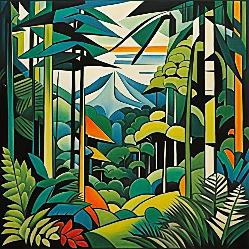 Vibrant Cubist Rainforest Scene in Traditional Japanese Ink....