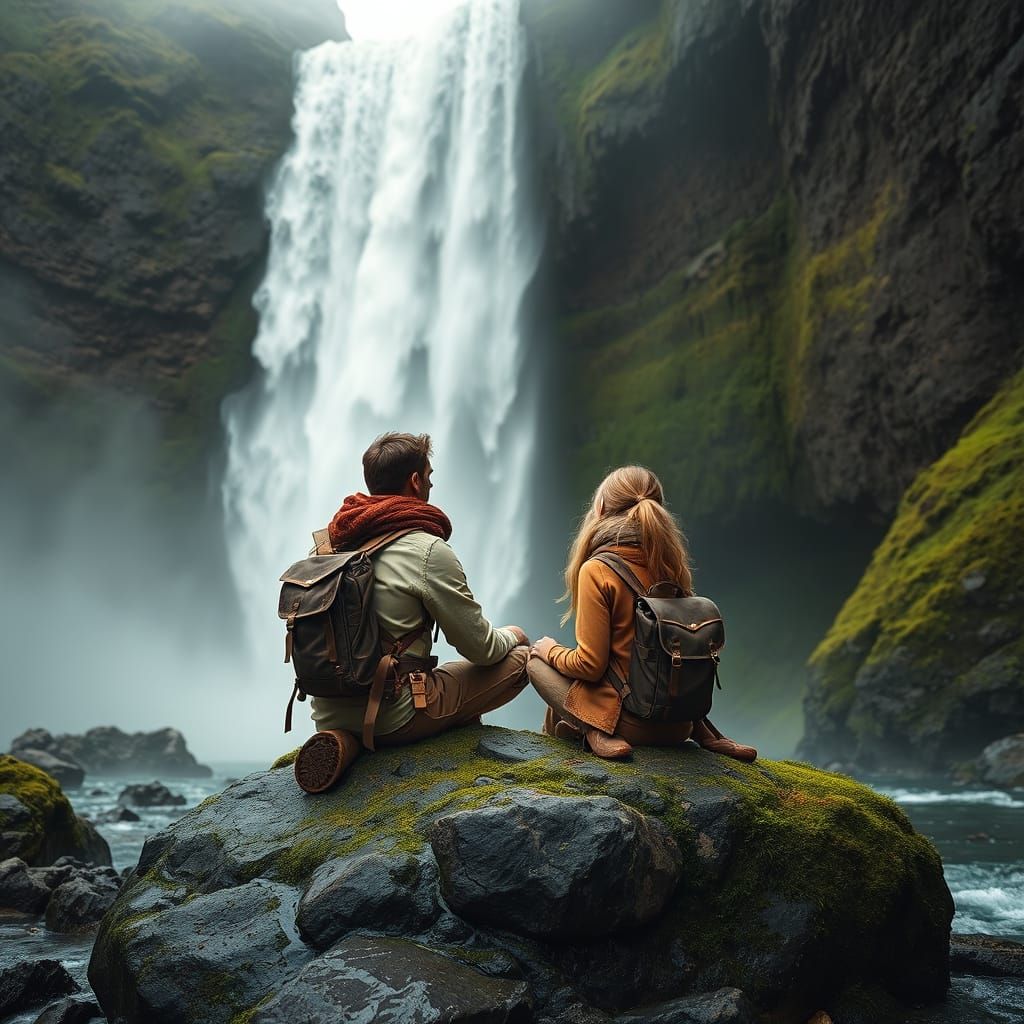 Mystical Travelers Admire Ruby Waterfall