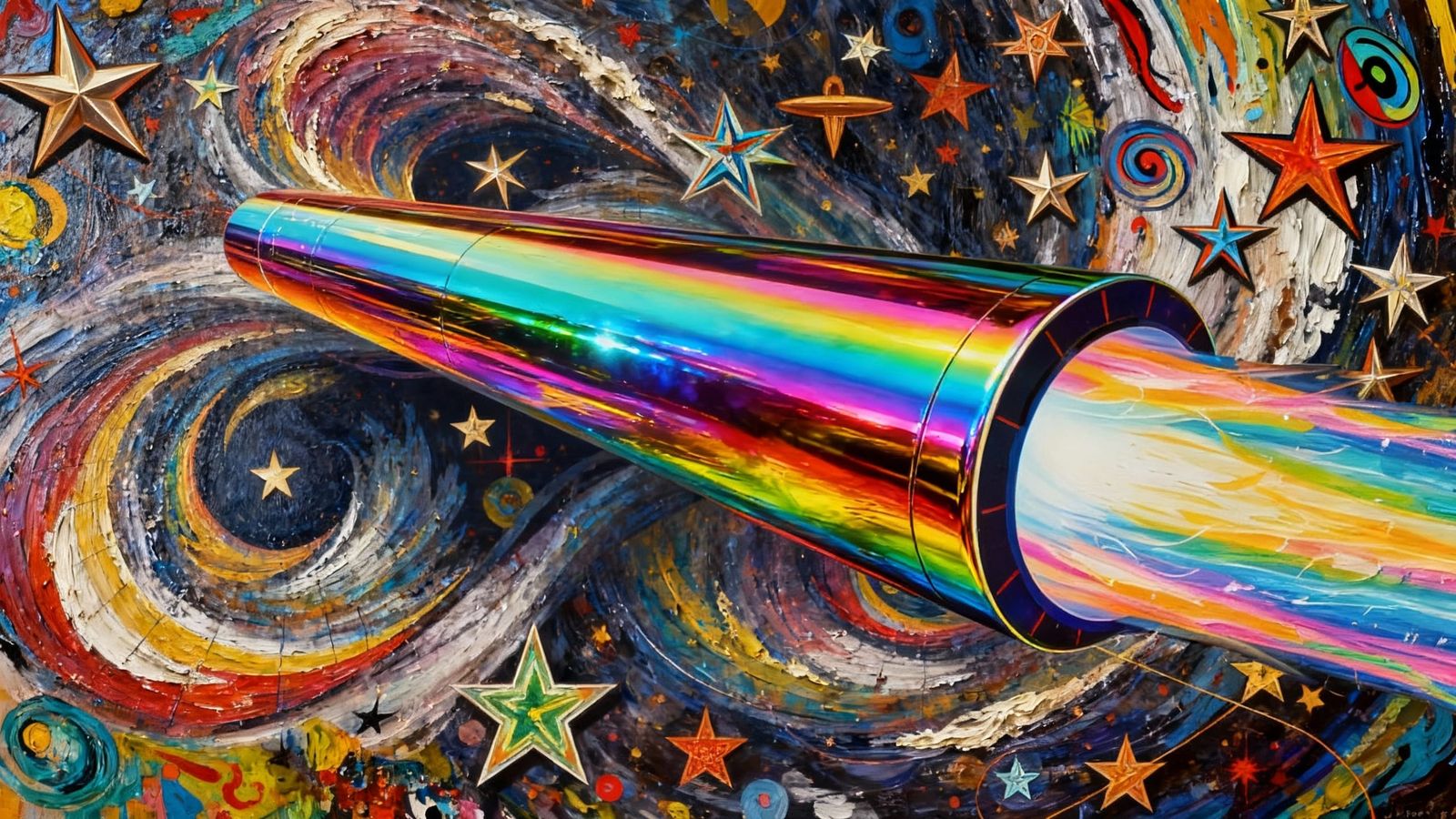Sleek Rainbow Cylinder with Fiery Exhaust in Vortex Maelstro...