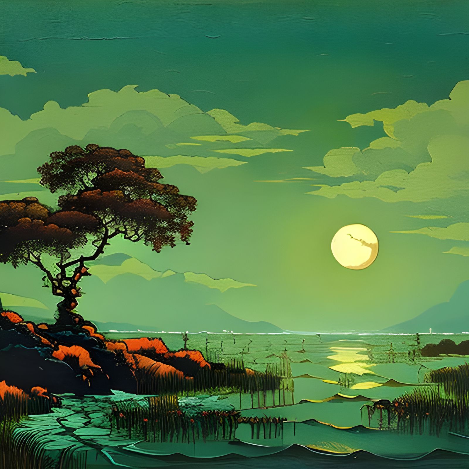 Moonlit Cypress Swamp in Vibrant Triadic Colors