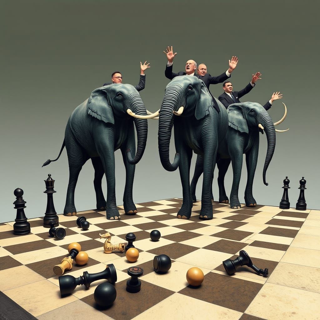 Surreal Elephants Carry Politicians in Dali-esque Dreamscape