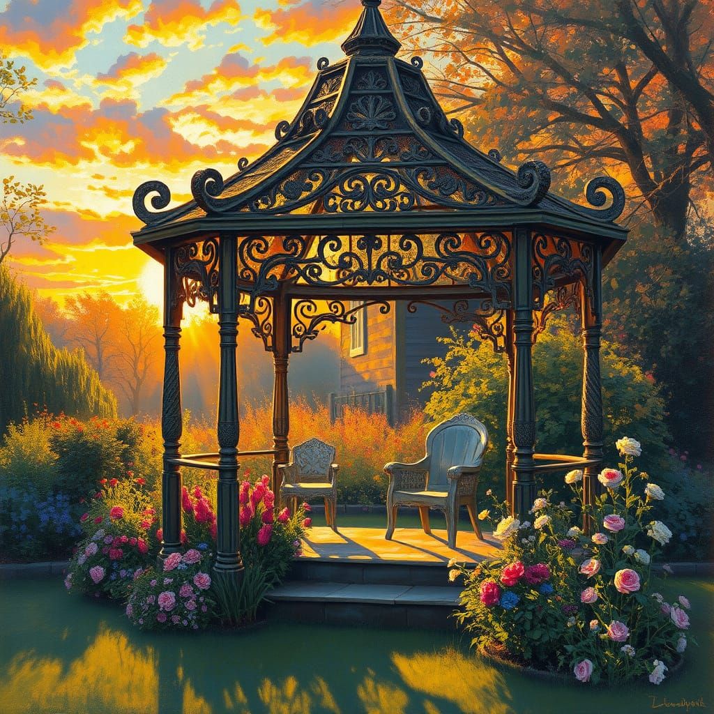 Decorated Love Shelter in Country Garden at Sunset