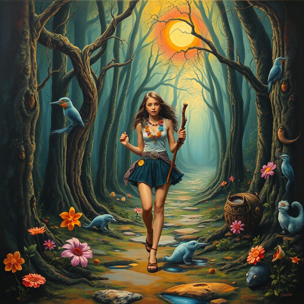 Traveler in Magical Forest, Surreal Oil Painting