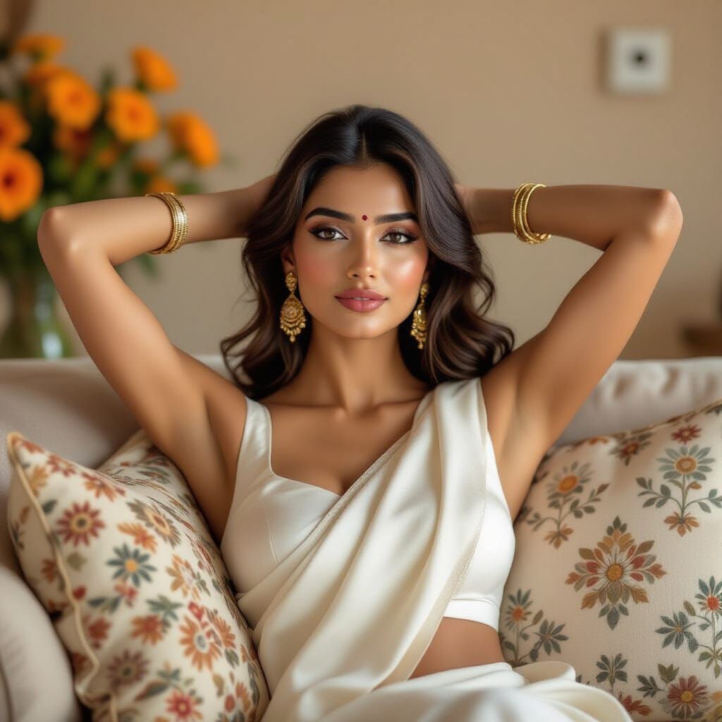 Elegant Indian Woman Relaxing on Sofa in Realistic Portrait