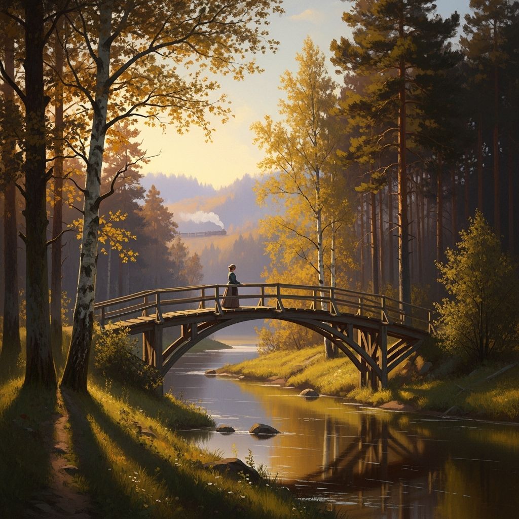 Golden Hour Forest Scene with Arched Bridge