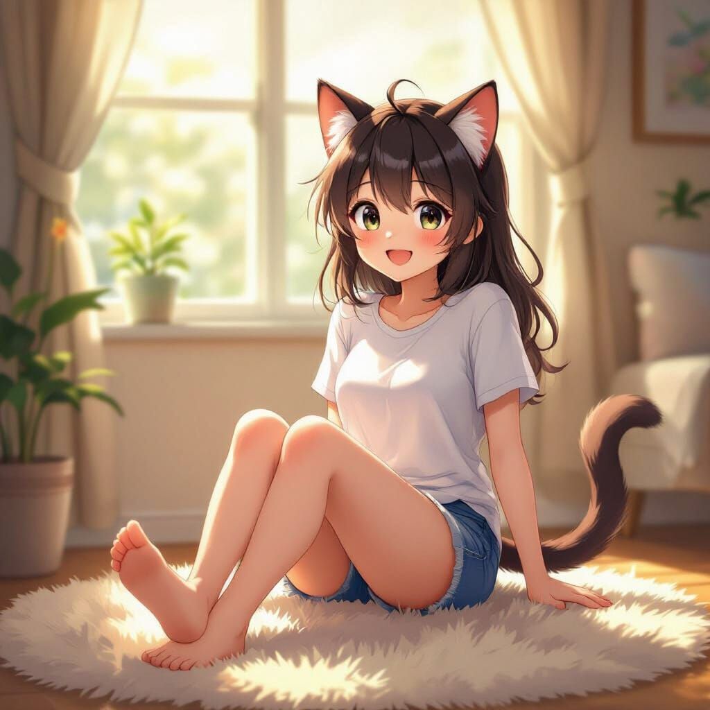 Happy Catgirl Proudly Displays Bare Feet in Sunlight
