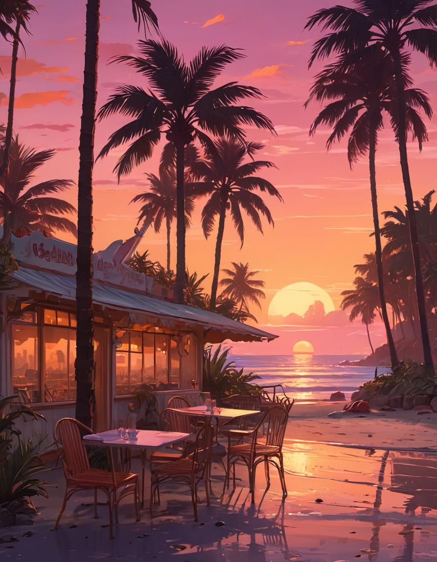 Beachside Cafe at Sunset, in Cel Shaded Retro Style