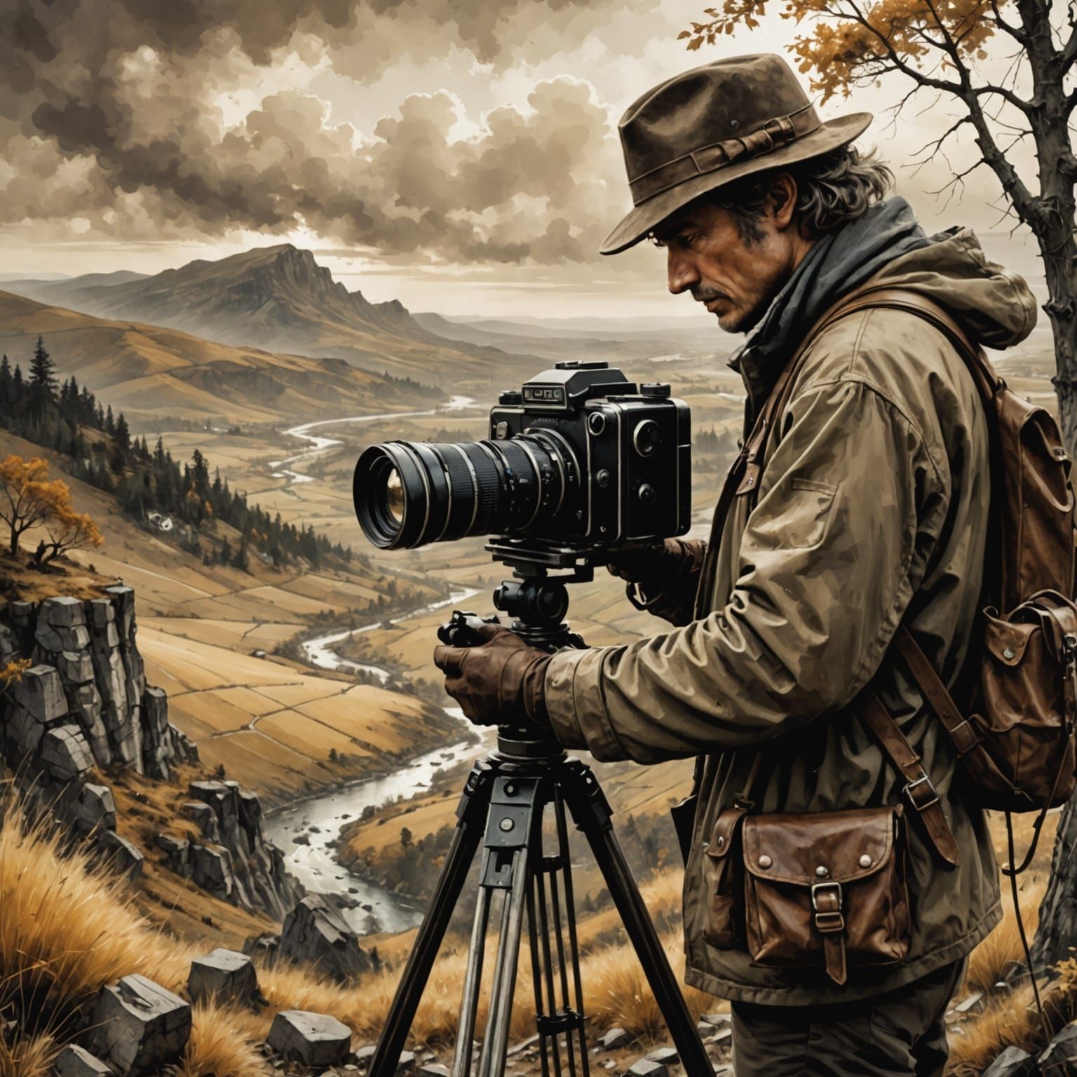 Vintage Photographer Captures Landscape in Sepia Tones