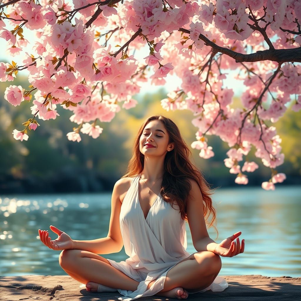 Woman Meditating Under Cherry Blossoms in Art Nouveau Style