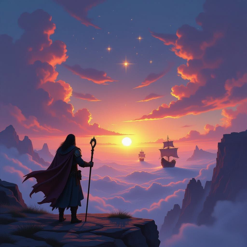 Epic Fantasy Traveler on Cliff Edge with Future's Staff