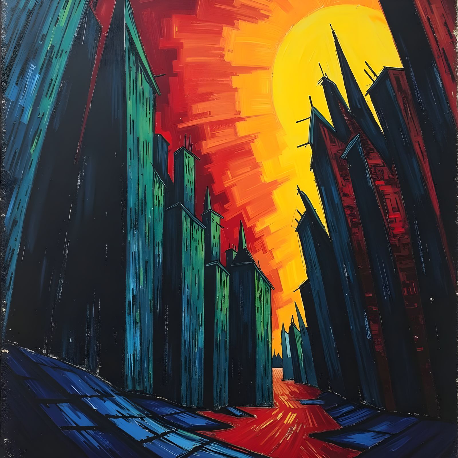 German Expressionist Cityscape with Dramatic Shadows