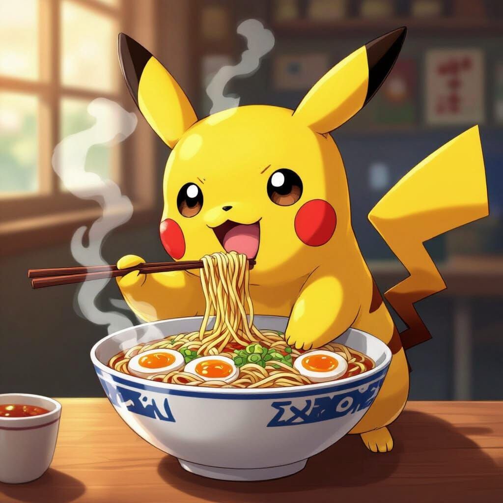 Pikachu Enjoys Steaming Ramen in Vibrant Anime Style