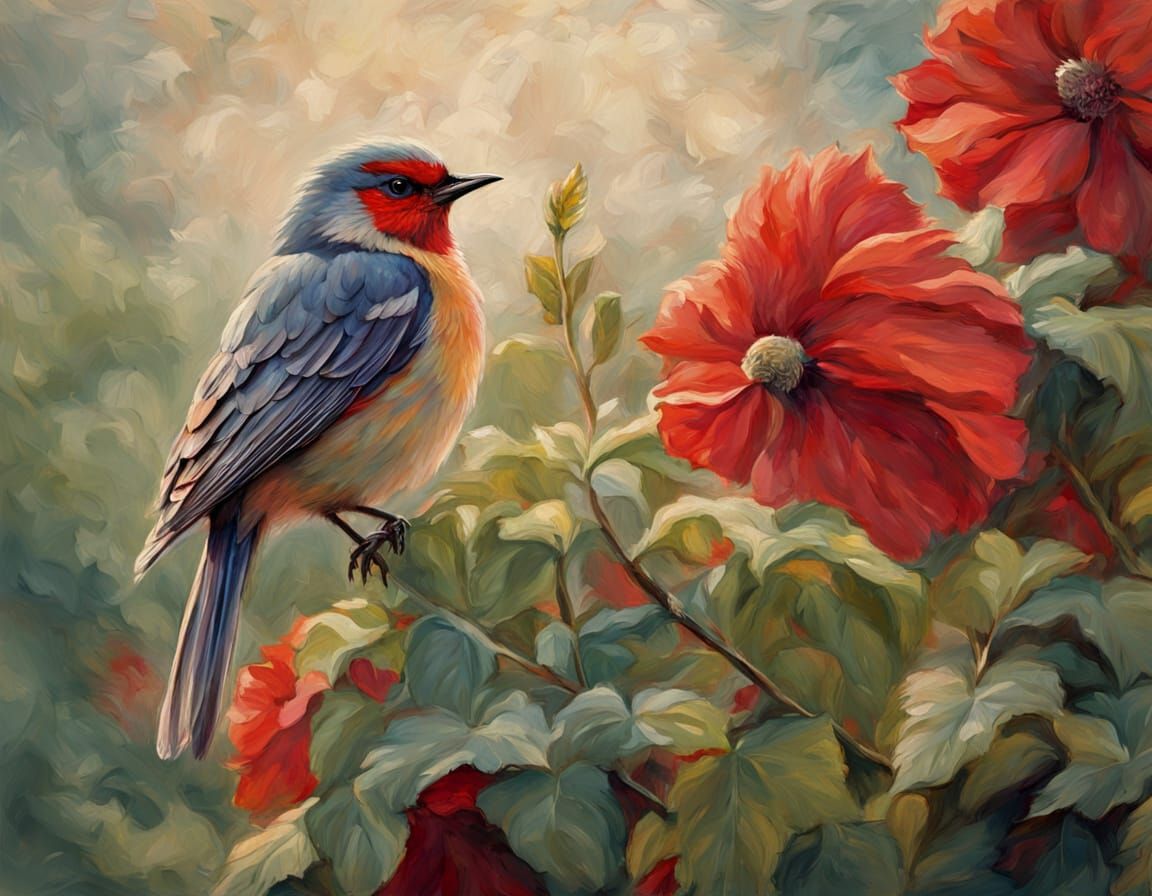 Impressionist Oil Painting of Warbler in Red Hollyhocks