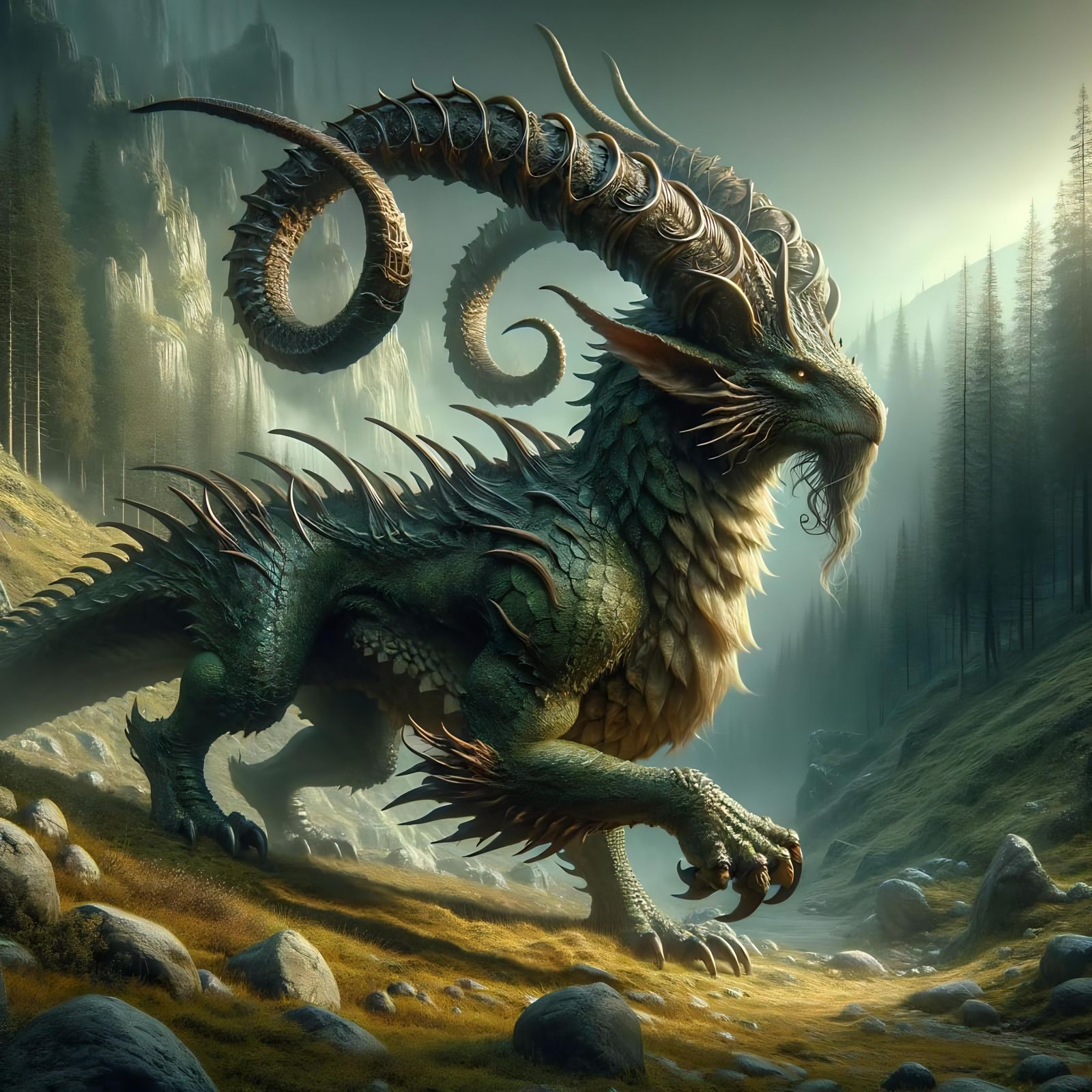 Epic Fantasy Horned Felldrake as Reptilian Guardian