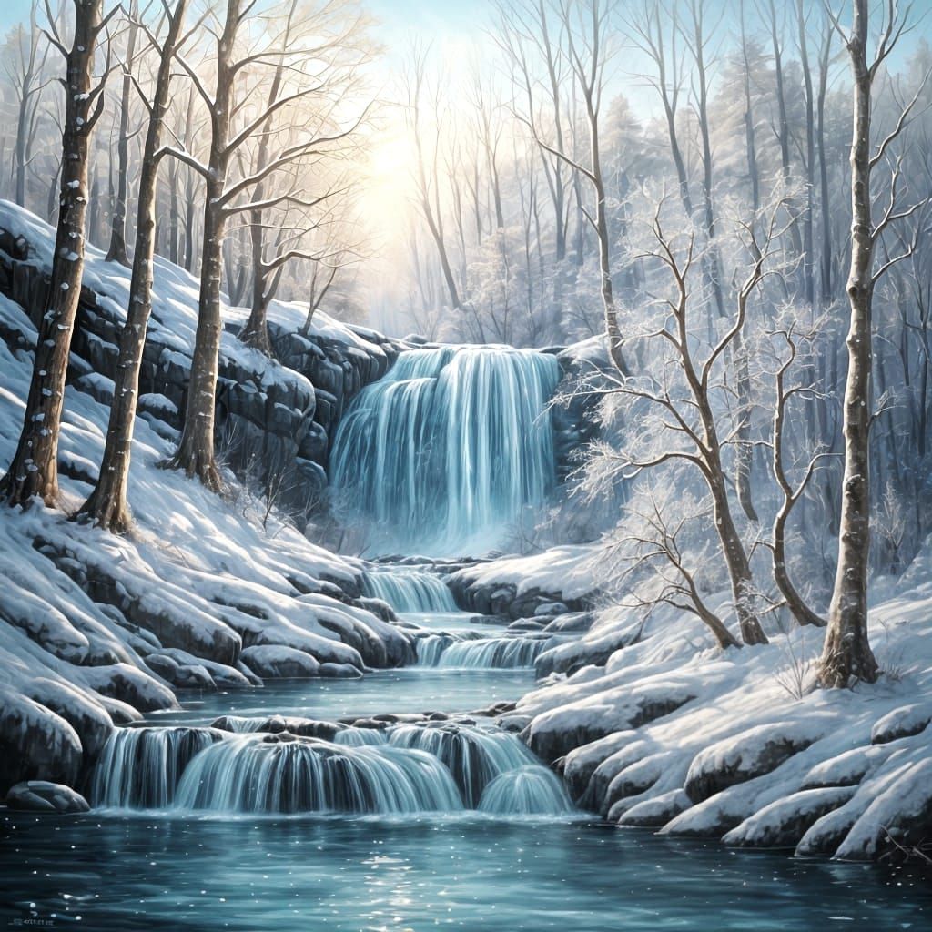 Winter Wonderland with Majestic Waterfall in Ethereal Light