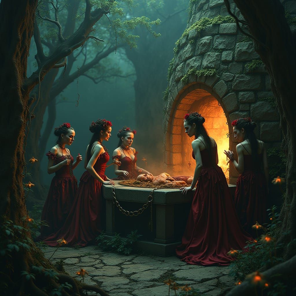 Grotesque Female Cannibals in a Victorian-Inspired Oven Scen...