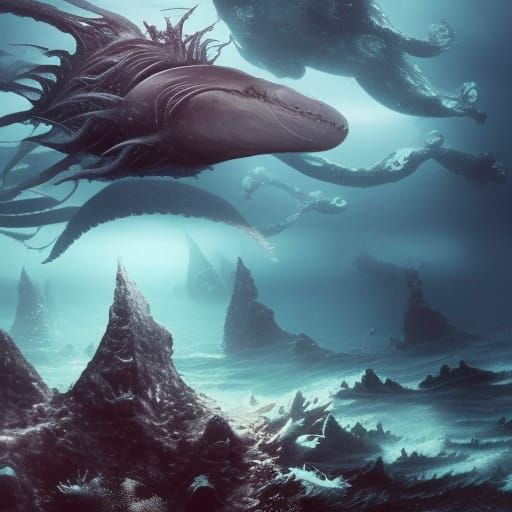 Epic Digital Matte Painting of Deep Sea Creatures in a Medie...