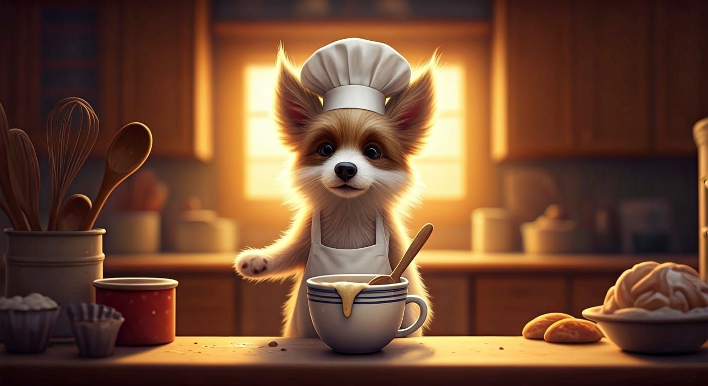 dog  in a chef's cap and apron, in the kitchen