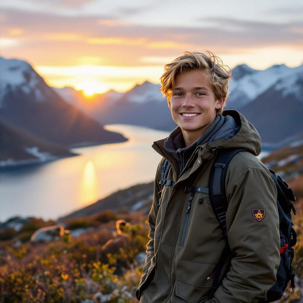 Smiling Norwegian Teenager in Scenic Nature with Flying Pigs