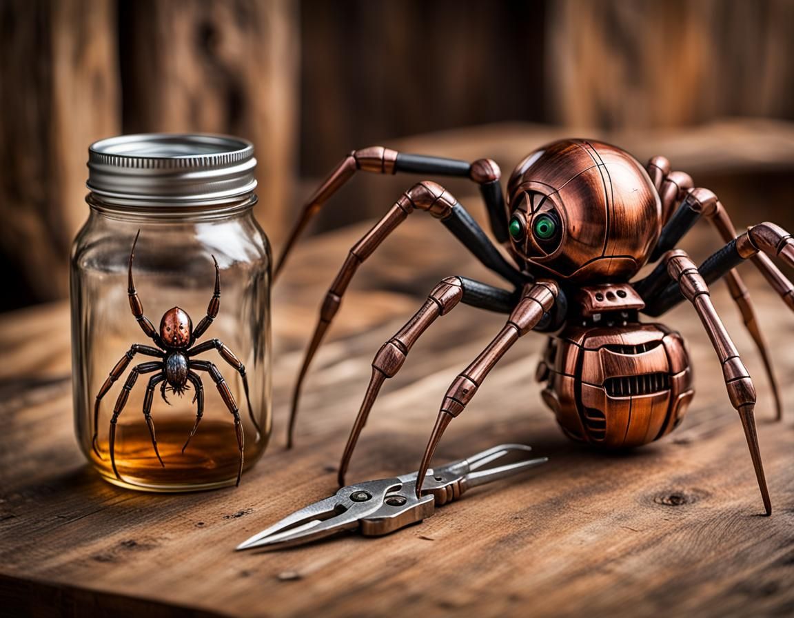 Cyberpunk Mecha Spider Trapped in Vintage Jar