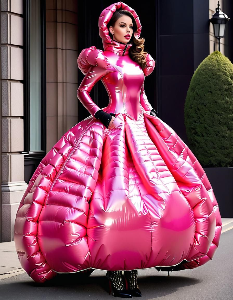 Woman in Shiny Pink Latex Puffer Ball Gown