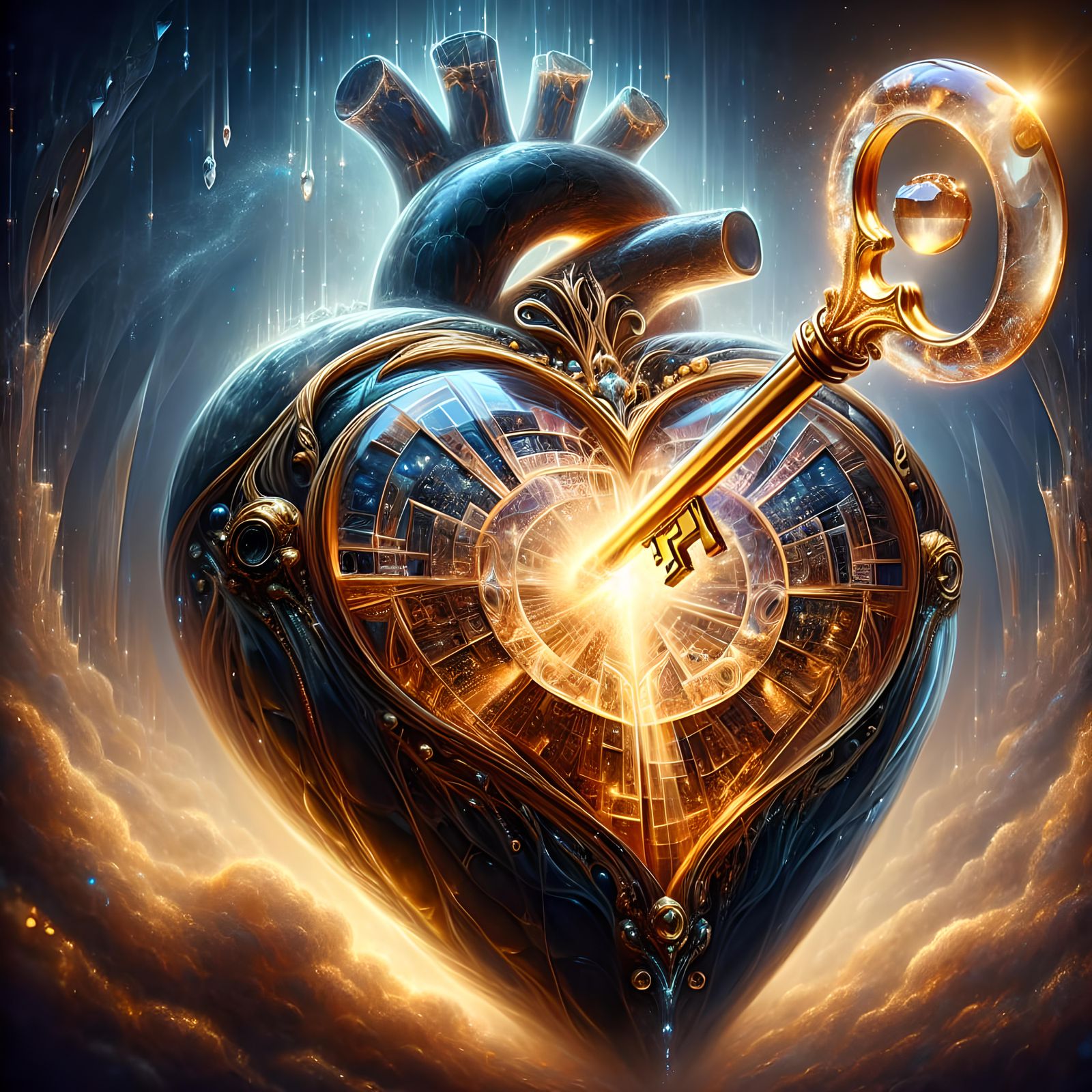 Golden Crystal Key Unlocks a Black Marble Heart in a Glass P...