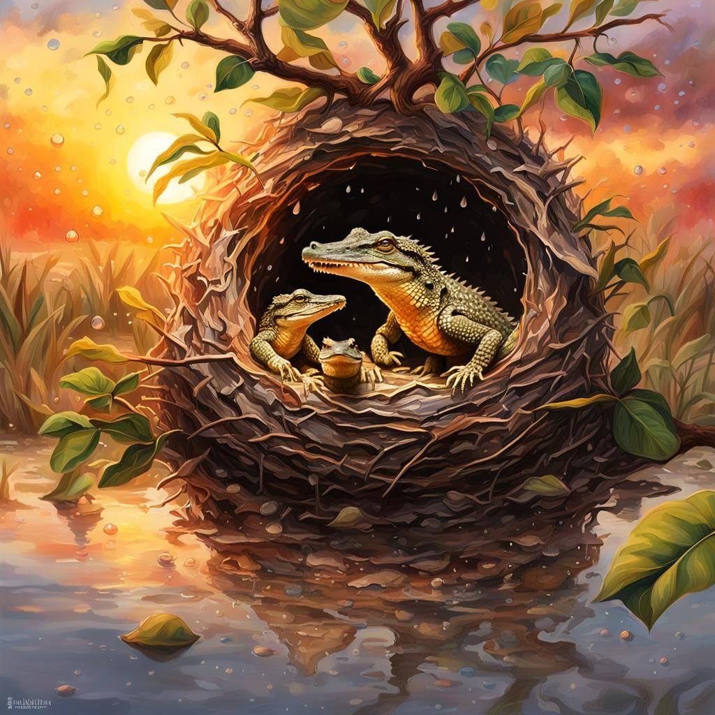 Hyperrealistic Baby Crocodiles in a Bird's Nest, African Sun...