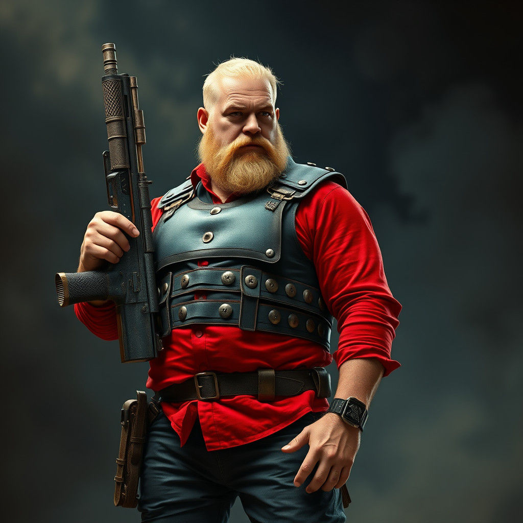 Stout Hero in Kevlar Armor, Red Shirt, and Worn Gun in Drama...