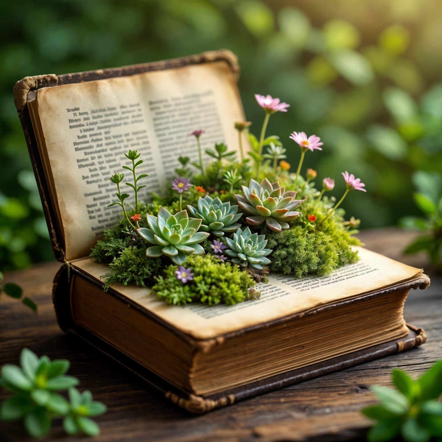 Miniature Garden Blossoms within an Antique Book